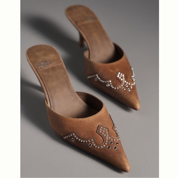 Jeffrey Campbell Shoes - Jeffery Campbell Head-West Studded Western Pointed-Toe Heeled Mules Camel Tan